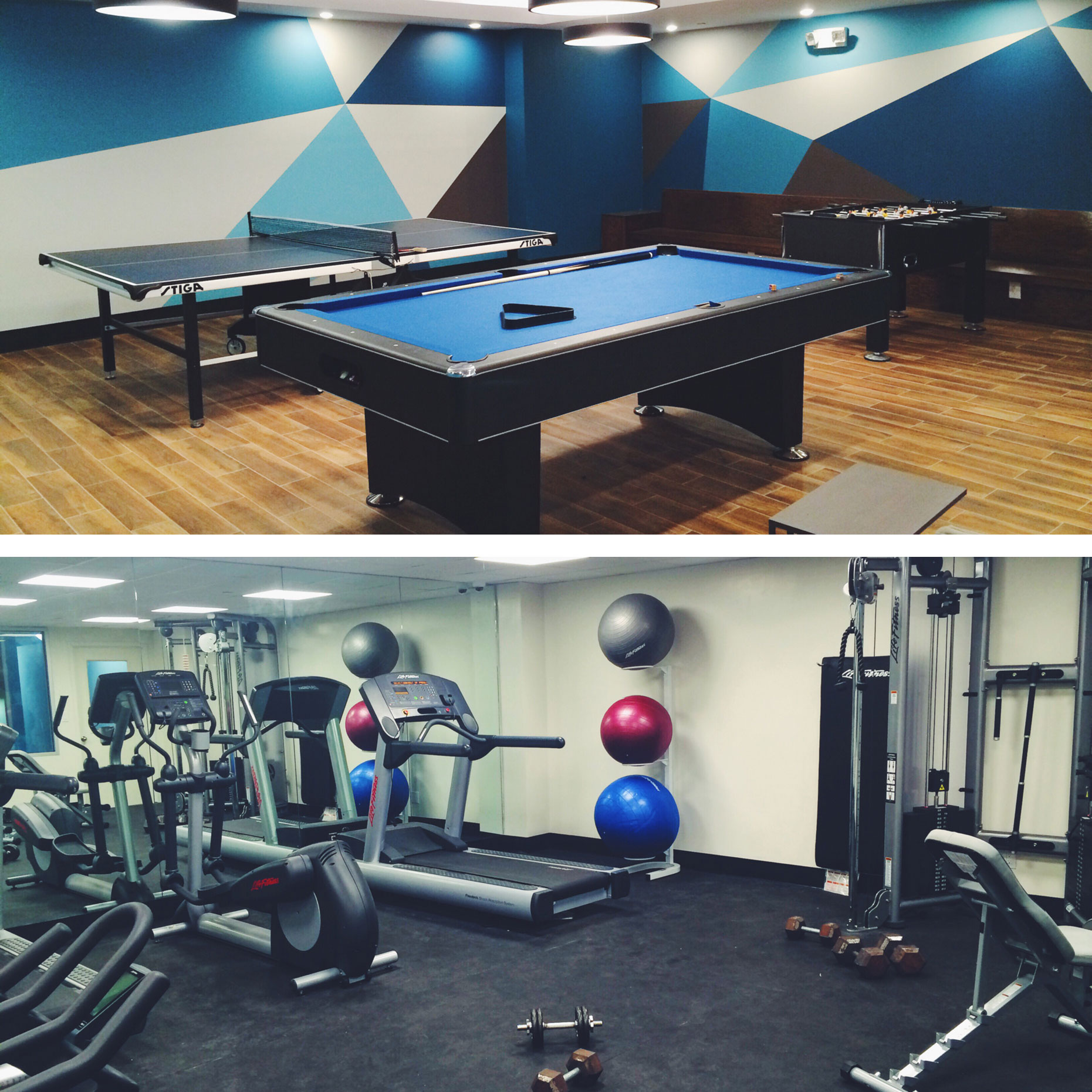 Game room with ping pong, foosball, and pool table. Gym with machines, exercise balls, and weights