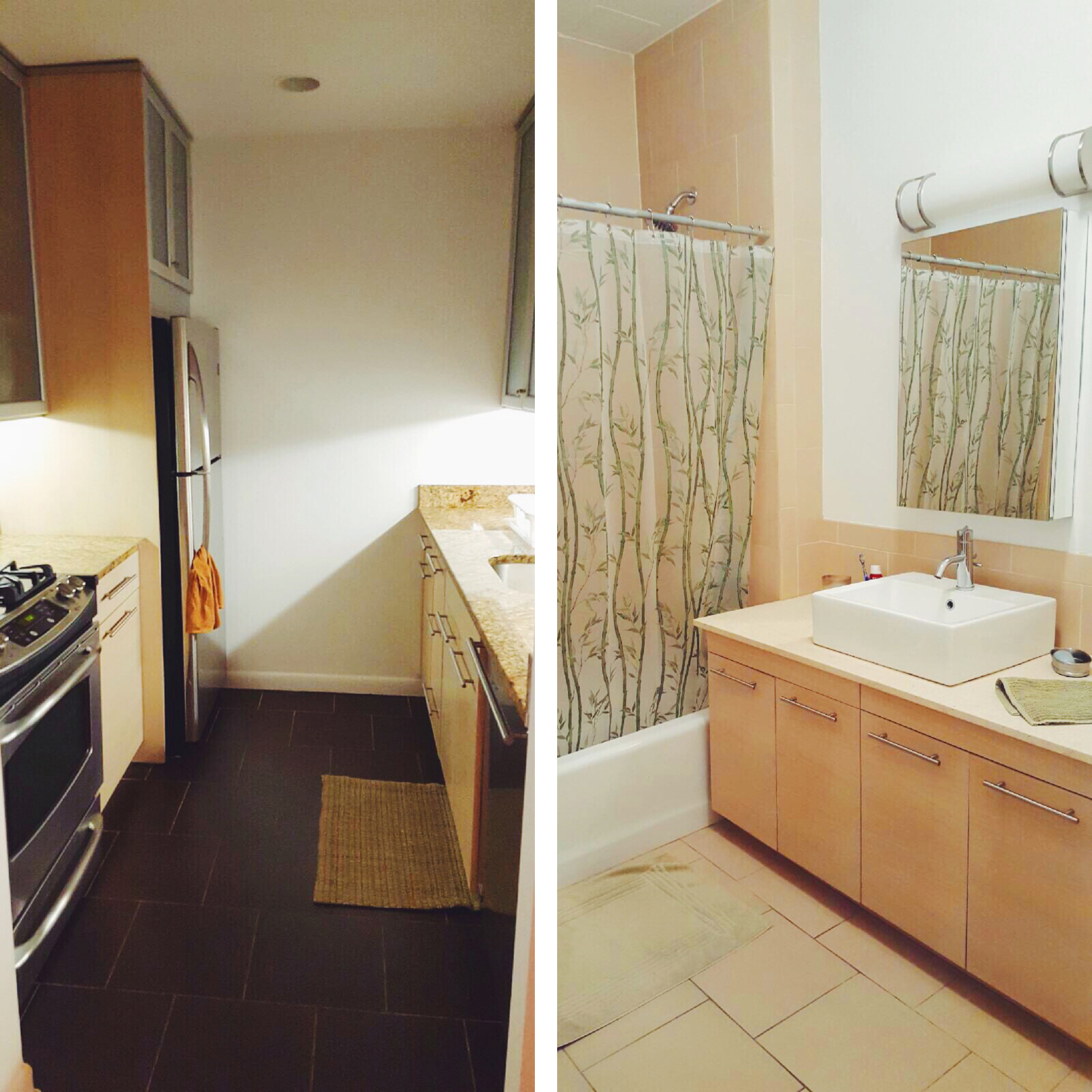 Kitchen with oven, fridge, sink, and counter space. Bathroom with sink, mirror, storage, and shower